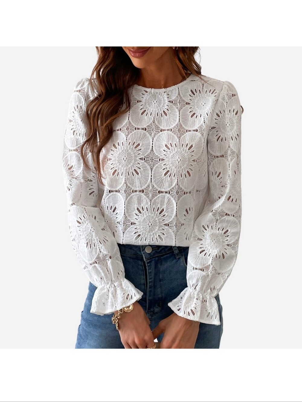 Cupshe White Crochet Lace Floral Blouse Bell Sleeve NWT S